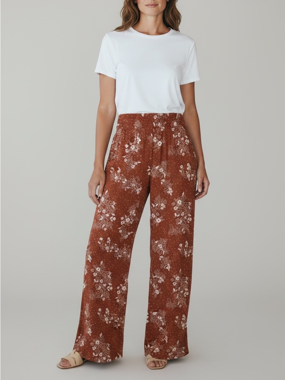 Three Dots Rust Floral Wide-Leg Pants